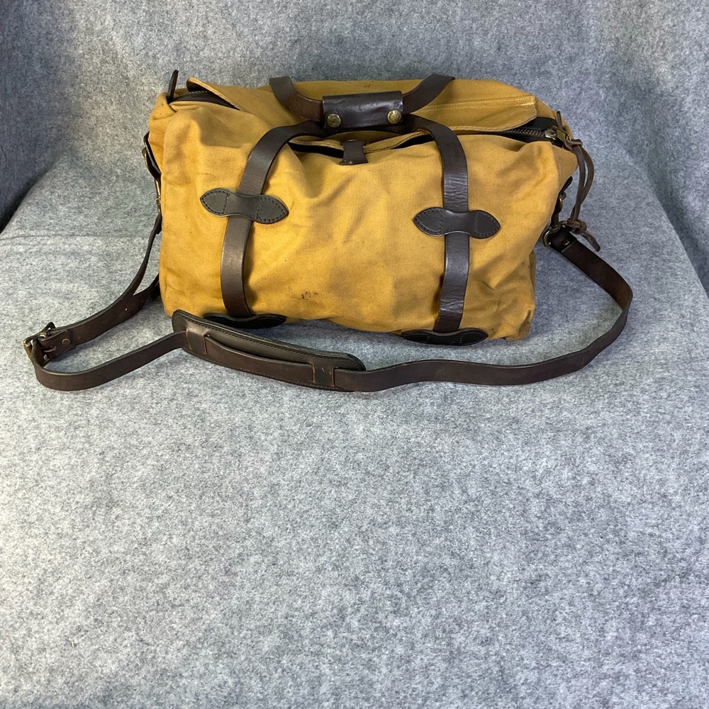 Filson Small Tan Duffel Bag with Brown Leather Accents